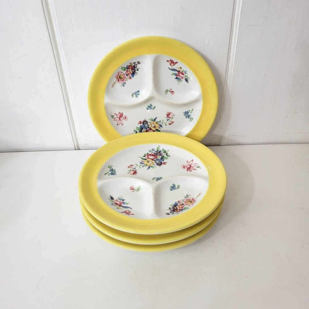 Syracuse China Yellow Floral Divided Dinner Plates Set of Four - Picture 3 of 10